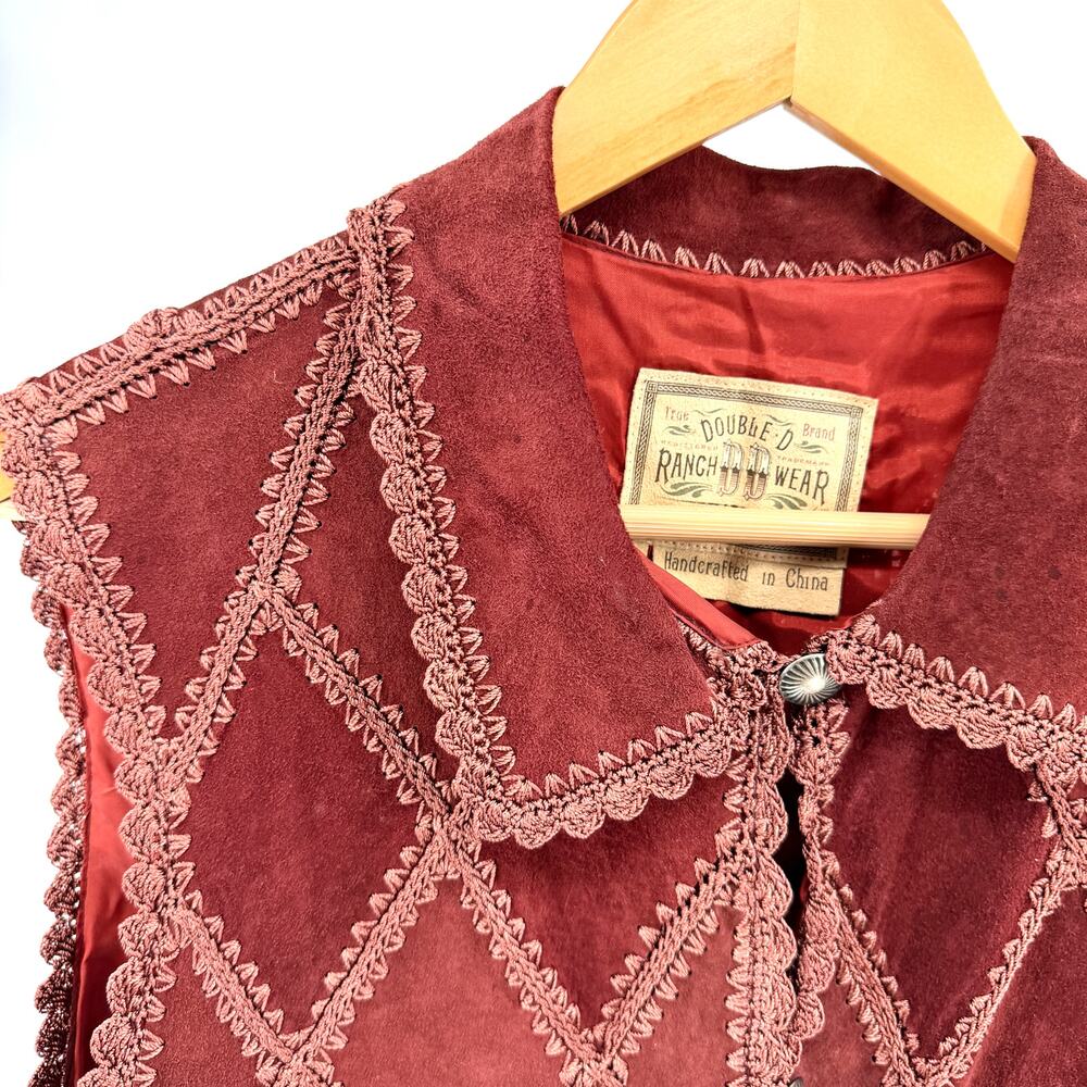 Vintage 90s Double D Ranchwear Maroon Genuine Suede Concho Button Vest - Picture 2 of 9